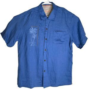 Tommy Bahama Men's Palm‎ Tree 100% Linen Short Sleeve Button Up Shirt Blue Large